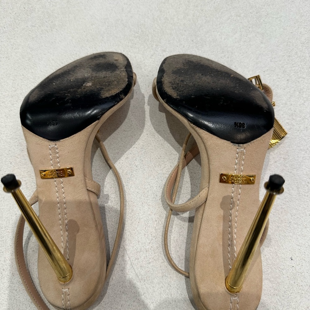 Tom Ford Nude Beige Suede Strappy Sandals with Gold Heel - Picture 5 of 5